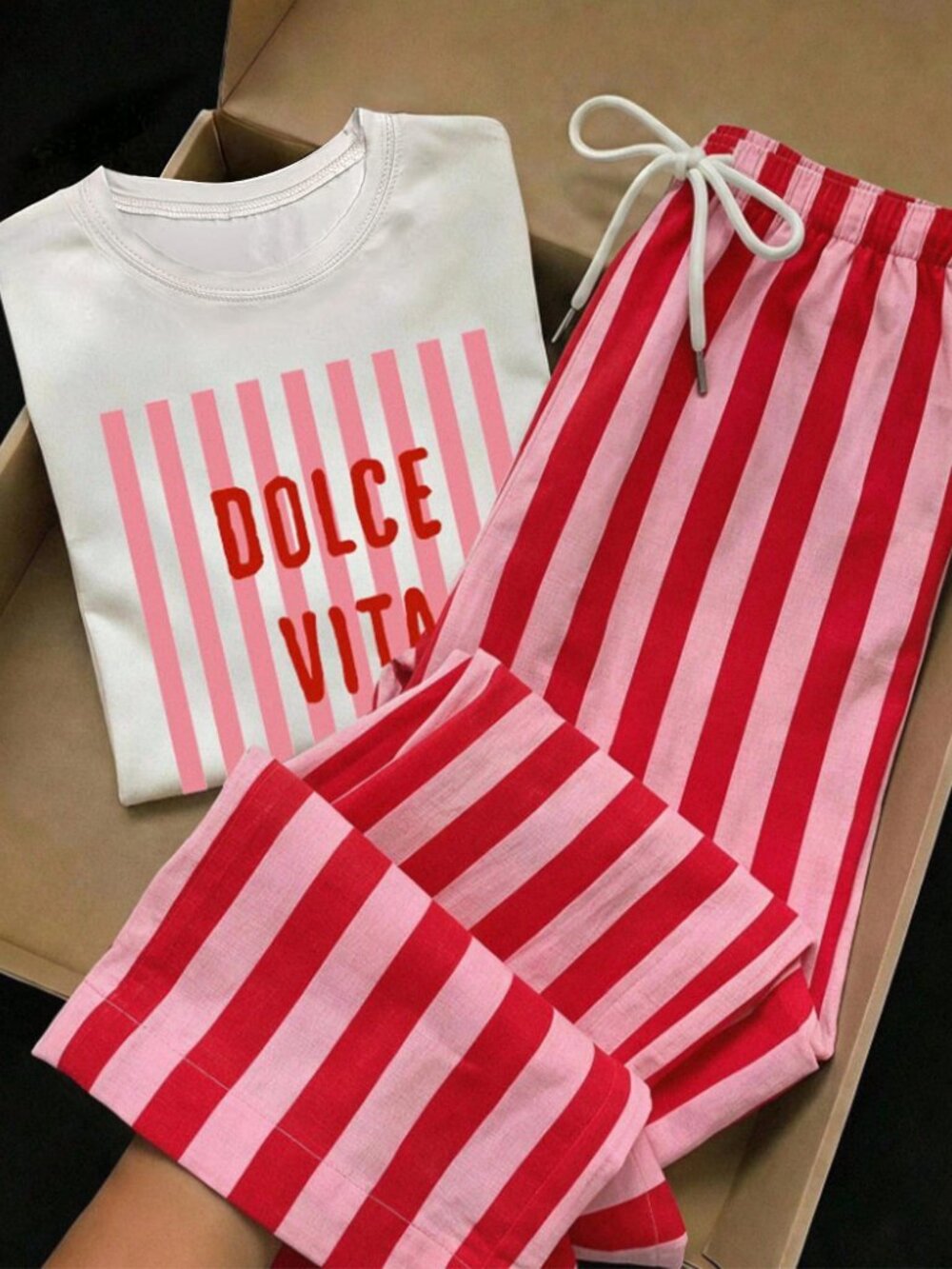 Multicolor Casual Women's Short Sleeve T-Shirt And Striped Pants Set